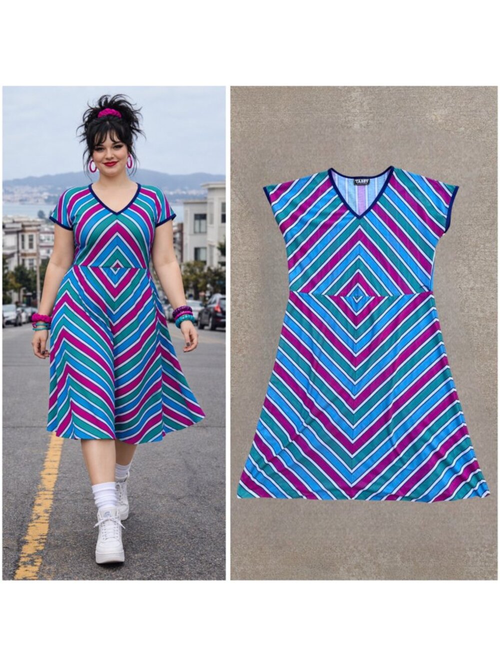 Vintage 80s Volup Chevron Stripe Day Dress